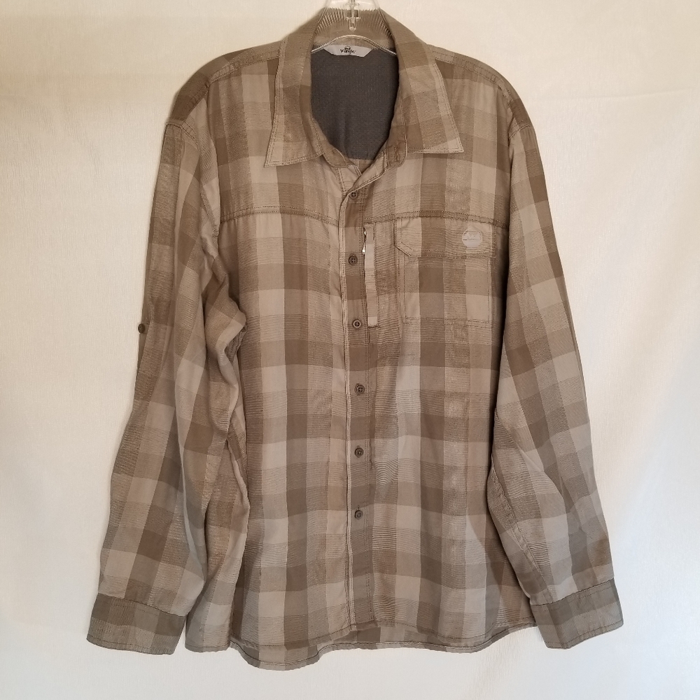 Wrangler Shirt Mens Sz XL Button Down Wicking Roll Tab Sleeve Utility Brown Tan